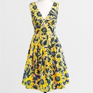 J. Crew Pique Yellow Floral Sunflower Fit & Flare Preppy Tank V-Neck Dress 6